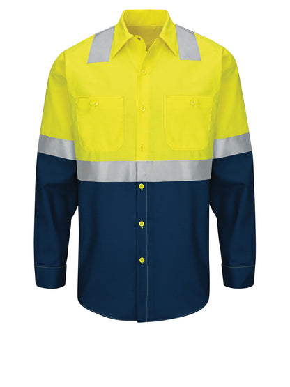 Men's Long Sleeve Hi-Visibility Work Short - SY14YN - Fluorescent Yellow/Green and Navy