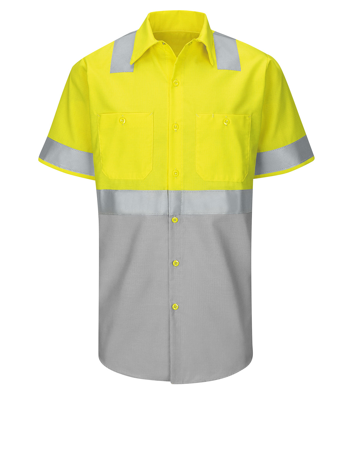 Men's Hi-Visibility Short Sleve Ripstop Work Shirt - SY24 - Fluorescent Yellow/Green and Gray