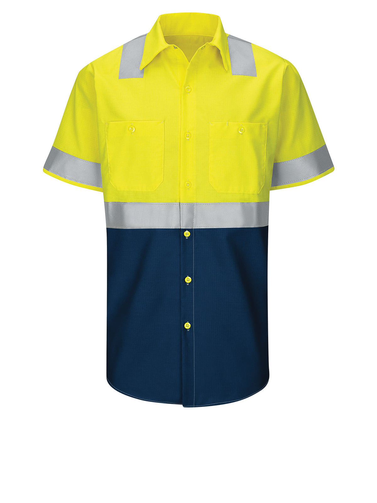 Men's Hi-Visibility Short Sleve Ripstop Work Shirt - SY24 - Fluorescent Yellow/Green and Navy