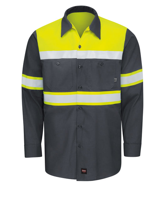 Unisex Hi-Visibility Long Sleeve Color Block Ripstop Work Shirt - Type O, Class 1 - SY70 - Fluorescent Yellow/Charcoal