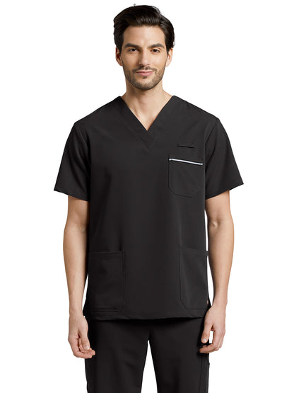 Men's 3-Pocket Stripe Detail Chest Pocket V-Neck Scrub Top - 2207 - Black