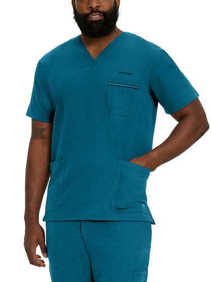 Men's 3-Pocket Stripe Detail Chest Pocket V-Neck Scrub Top - 2207 - Lyons Blue