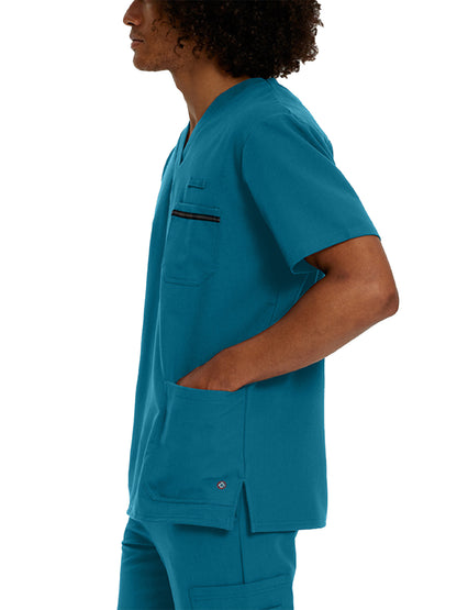 Men's 3-Pocket Stripe Detail Chest Pocket V-Neck Scrub Top - 2207 - Lyons Blue