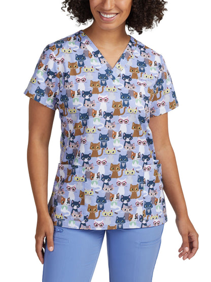 Women's 3-Pocket V-Neck Printed Scrub Top - 618 - Curious Cats