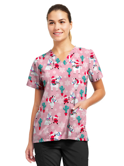 Women's 3-Pocket V-Neck Printed Scrub Top - 618 - Desert Snow