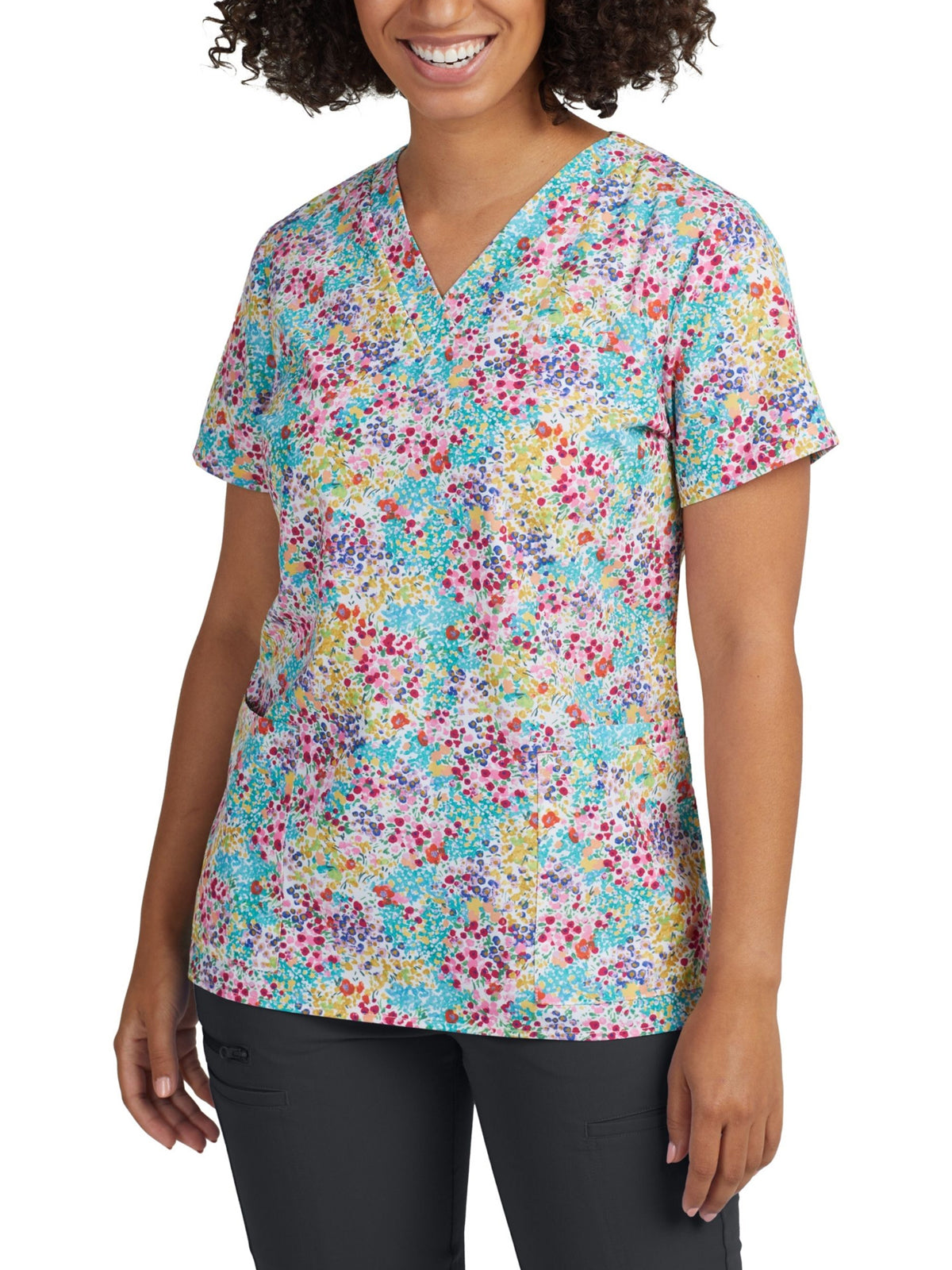 Women's 3-Pocket V-Neck Printed Scrub Top - 618 - Flower Meadow