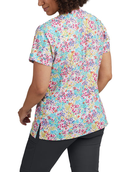 Women's 3-Pocket V-Neck Printed Scrub Top - 618 - Flower Meadow