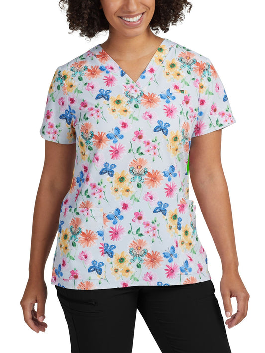 Women's 3-Pocket V-Neck Printed Scrub Top - 618 - Garden Tea