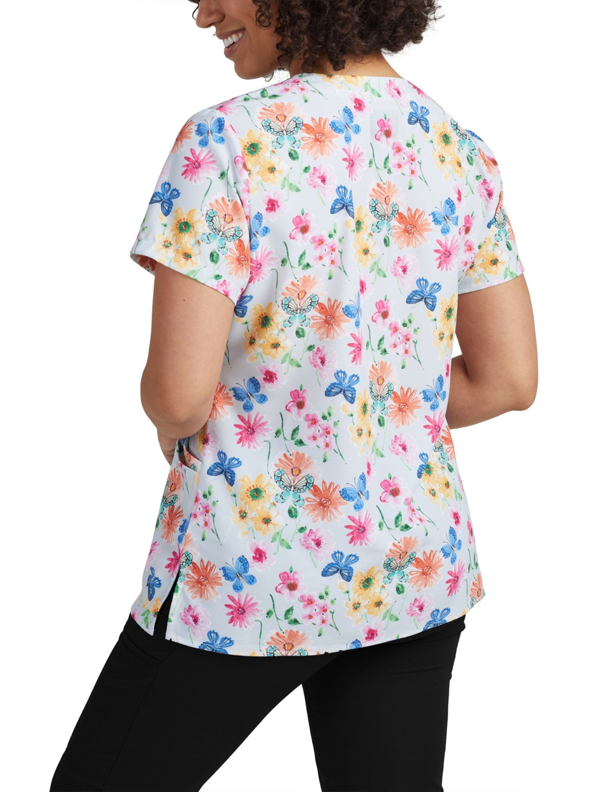 Women's 3-Pocket V-Neck Printed Scrub Top - 618 - Garden Tea