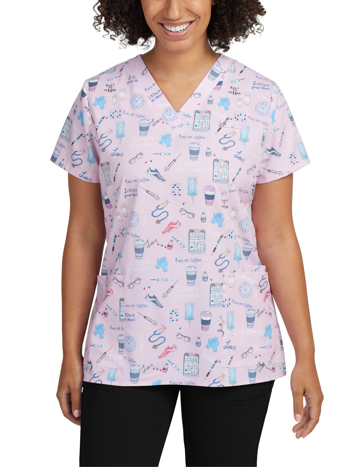 Women's 3-Pocket V-Neck Printed Scrub Top - 618 - On the Go