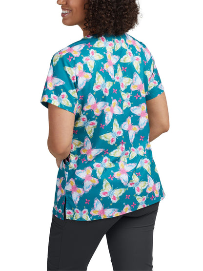 Women's 3-Pocket V-Neck Printed Scrub Top - 618 - Painted Butterflies