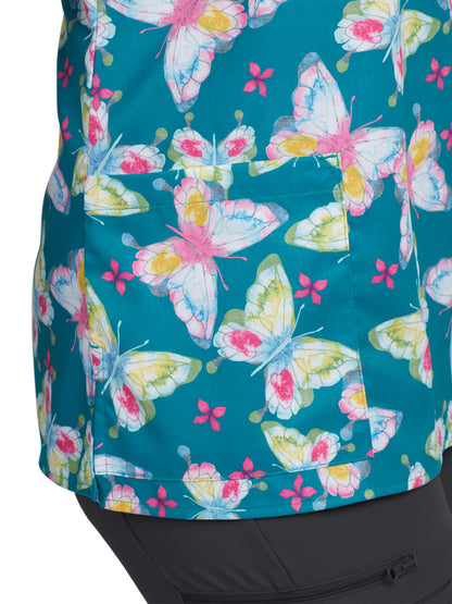 Women's 3-Pocket V-Neck Printed Scrub Top - 618 - Painted Butterflies