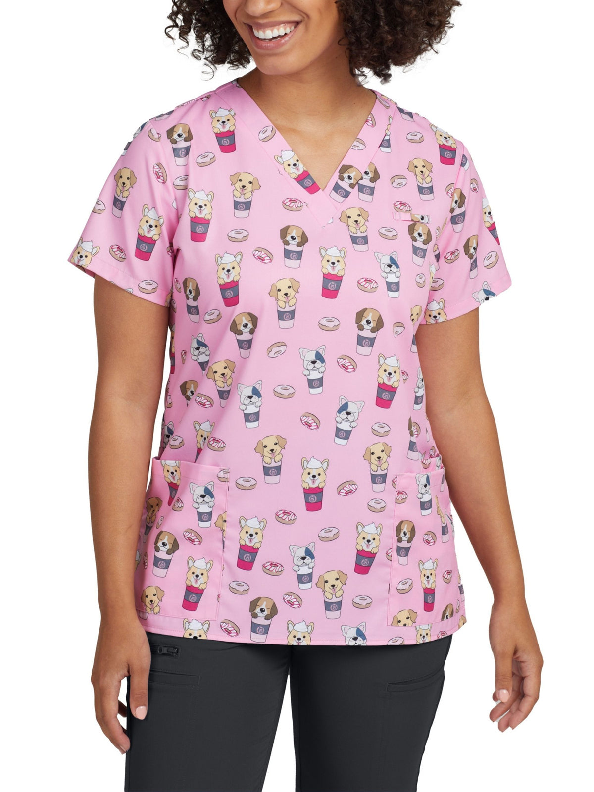 Women's 3-Pocket V-Neck Printed Scrub Top - 618 - Pupaccino Brunch WC