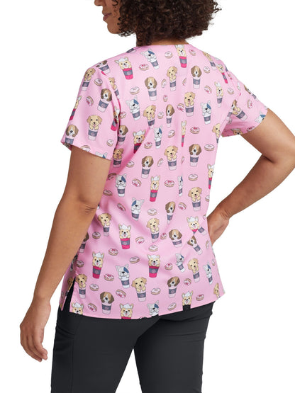 Women's 3-Pocket V-Neck Printed Scrub Top - 618 - Pupaccino Brunch WC