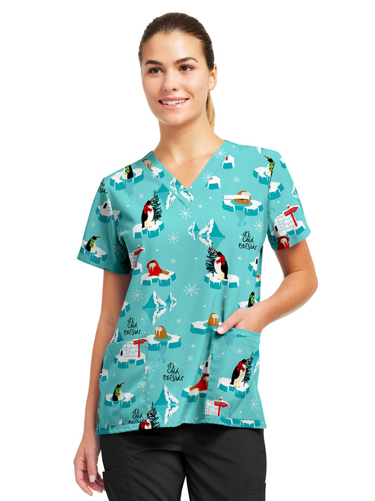 Women's 3-Pocket V-Neck Printed Scrub Top - 618 - Polar Plunge