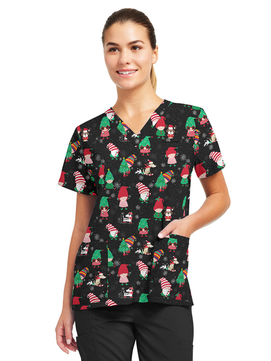 Women's 3-Pocket V-Neck Printed Scrub Top - 618 - Santa's Helpers