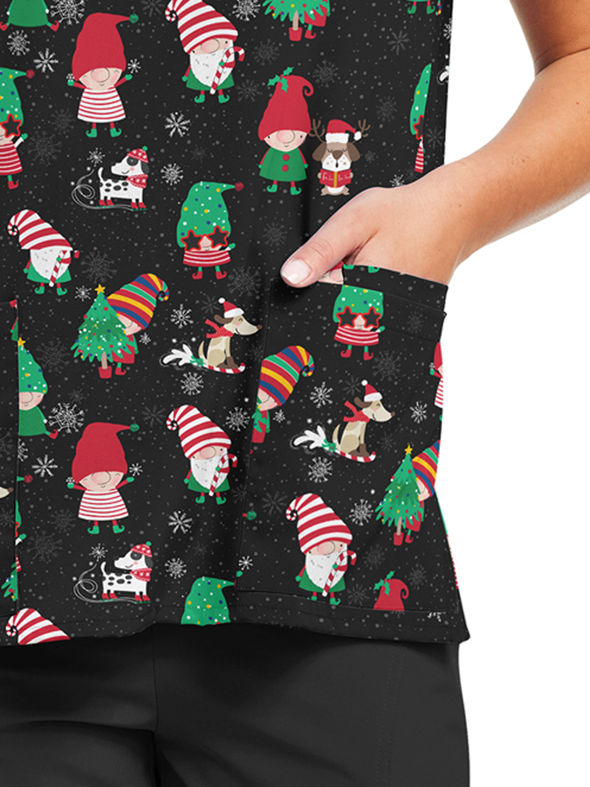 Women's 3-Pocket V-Neck Printed Scrub Top - 618 - Santa's Helpers