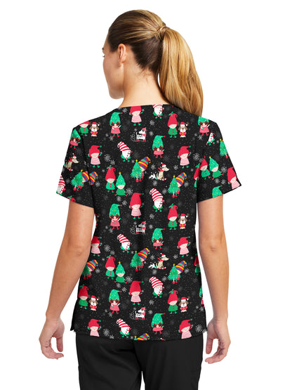 Women's 3-Pocket V-Neck Printed Scrub Top - 618 - Santa's Helpers