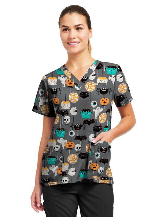 Women's 3-Pocket V-Neck Printed Scrub Top - 618 - Spooky Lollipops