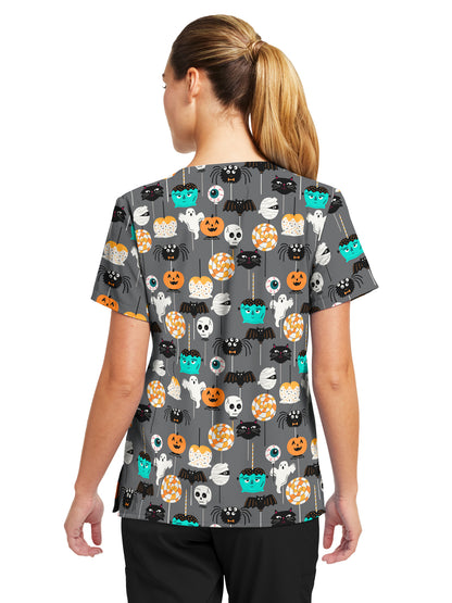 Women's 3-Pocket V-Neck Printed Scrub Top - 618 - Spooky Lollipops