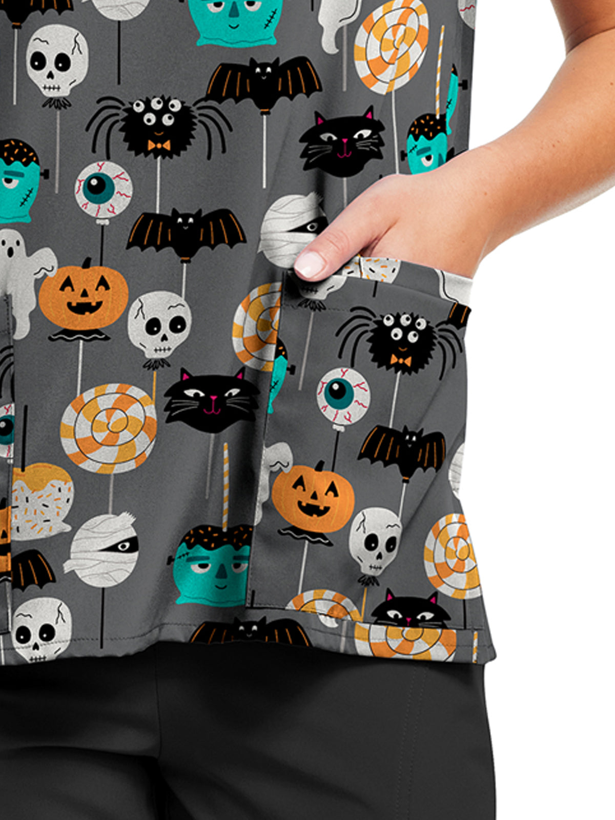 Women's 3-Pocket V-Neck Printed Scrub Top - 618 - Spooky Lollipops