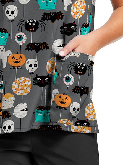 Women's 3-Pocket V-Neck Printed Scrub Top - 618 - Spooky Lollipops