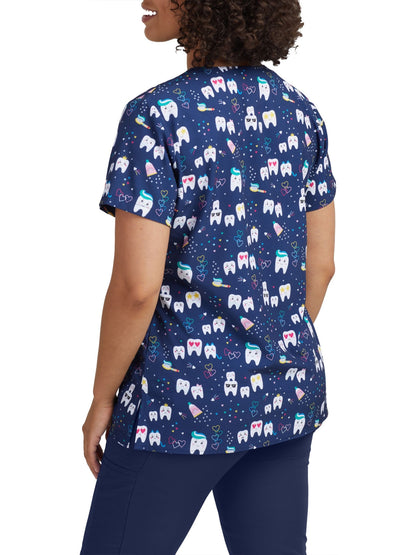 Women's 3-Pocket V-Neck Printed Scrub Top - 618 - Too Cool Dental