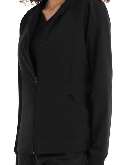 Women's 2-Pocket Mock Neck Zip-Front Scrub Jacket - WJ704 - Black