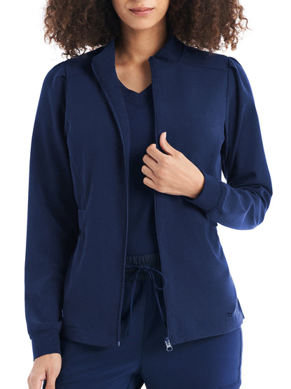 Women's 2-Pocket Mock Neck Zip-Front Scrub Jacket - WJ704 - Navy