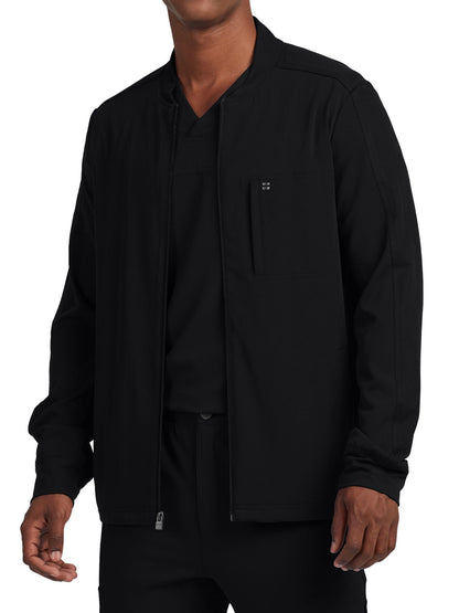 Men's 3-Pocket Mock Neck Knit Cuffs Scrub Jacket - WJ705 - Black