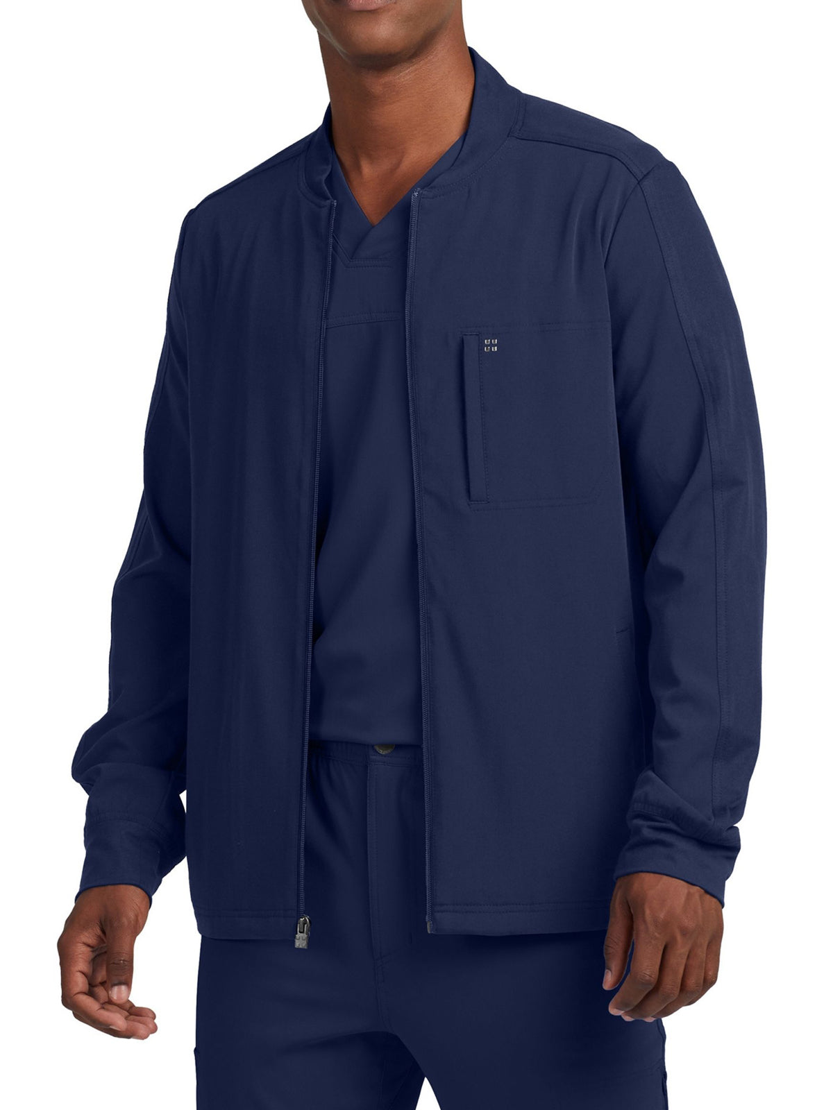 Men's 3-Pocket Mock Neck Knit Cuffs Scrub Jacket - WJ705 - Navy