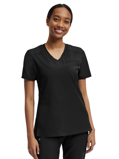 Women's Two-Pocket Knit Collar V-Neck Top - WT119 - Black