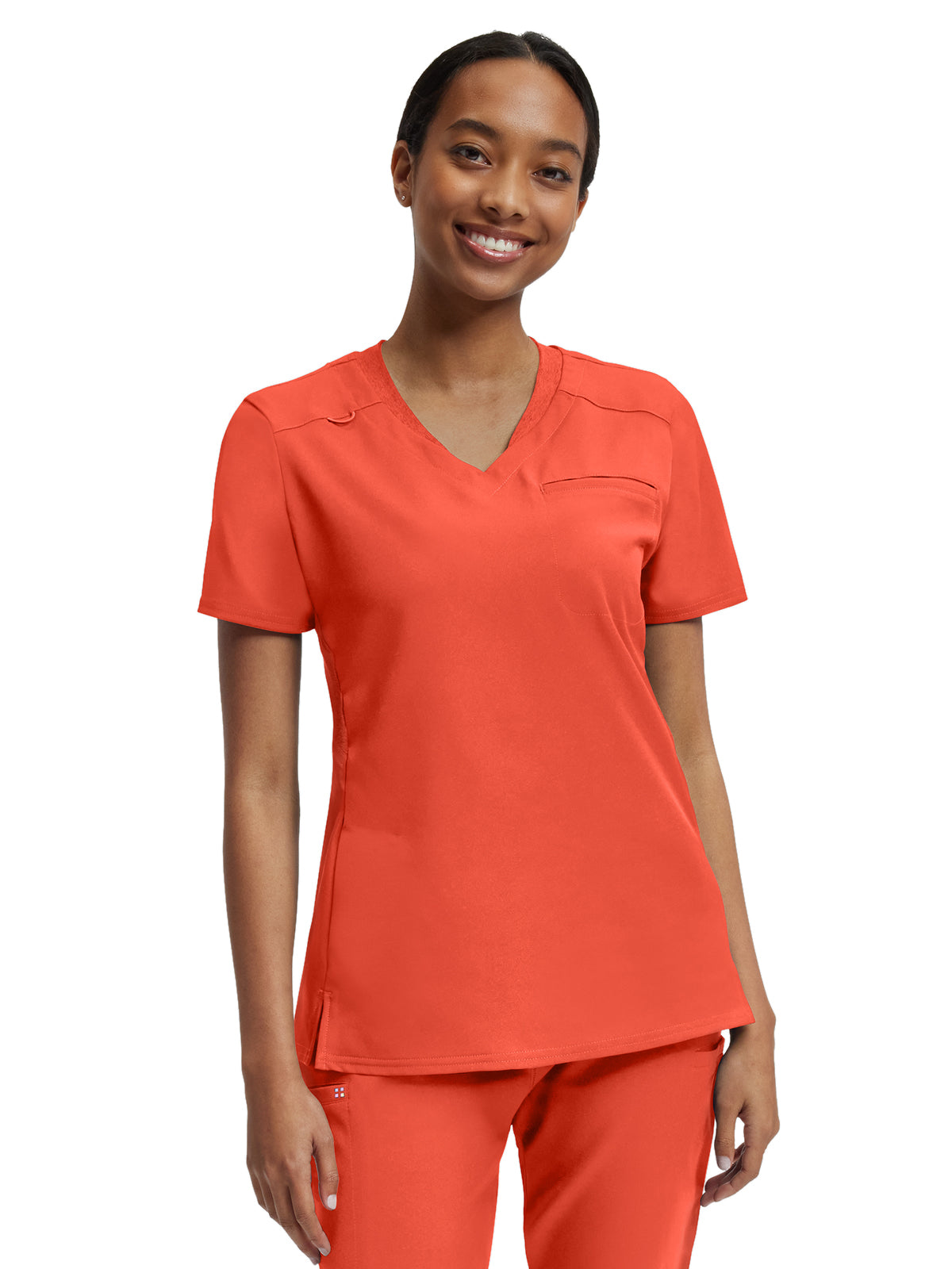 Women's Two-Pocket Knit Collar V-Neck Top - WT119 - Coral Sunset