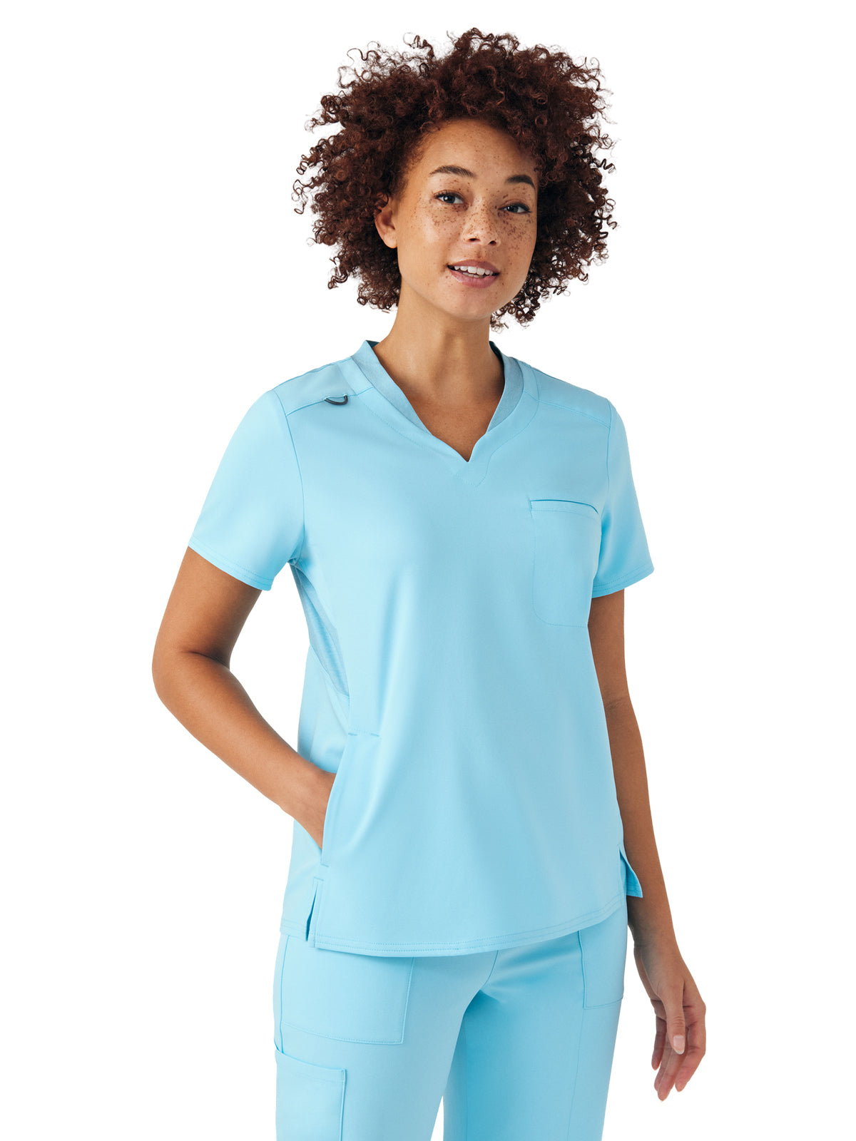 Women's Two-Pocket Knit Collar V-Neck Top - WT119 - Island Blue