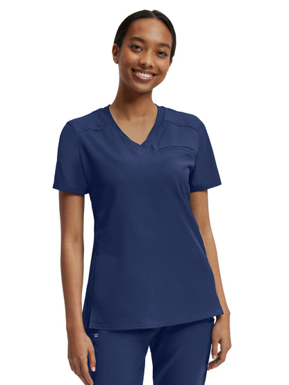 Women's Two-Pocket Knit Collar V-Neck Top - WT119 - Navy