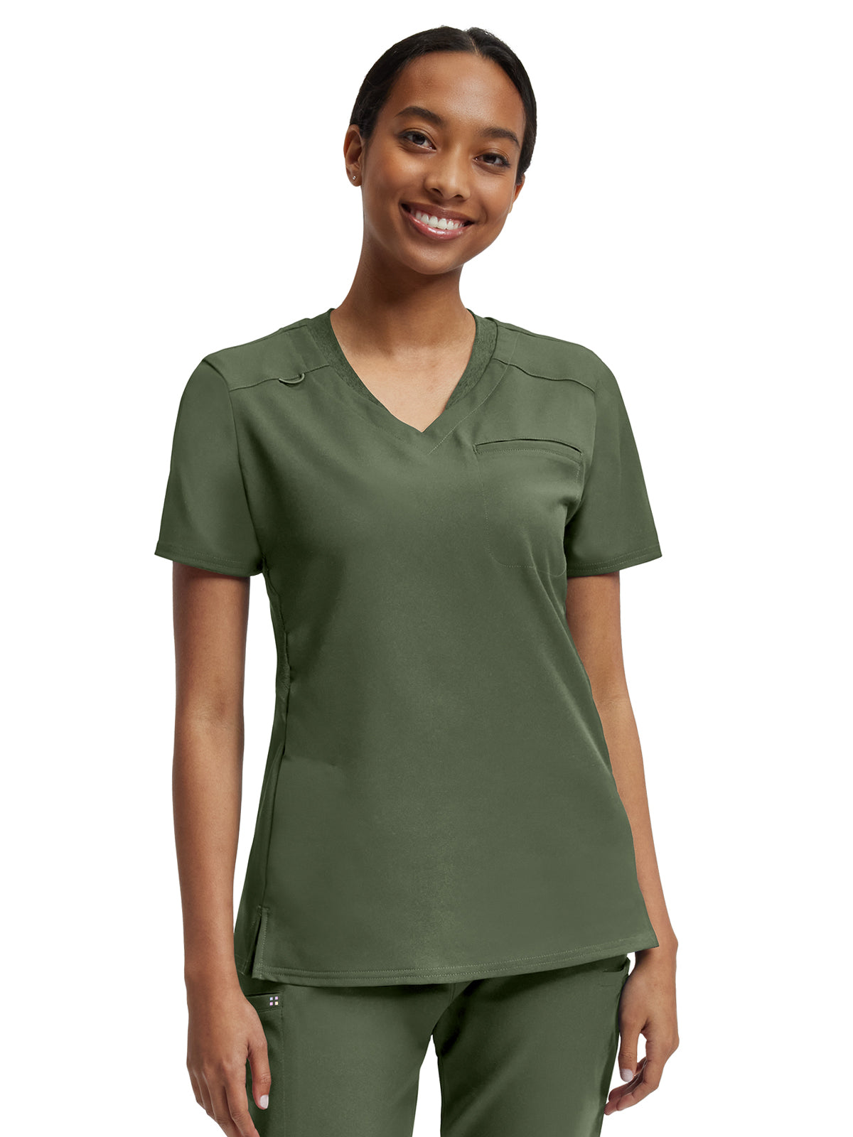 Women's Two-Pocket Knit Collar V-Neck Top - WT119 - Olive