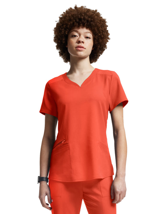 Women's Three-Pocket Curved V-Neckline Top - WT121 - Coral Sunset
