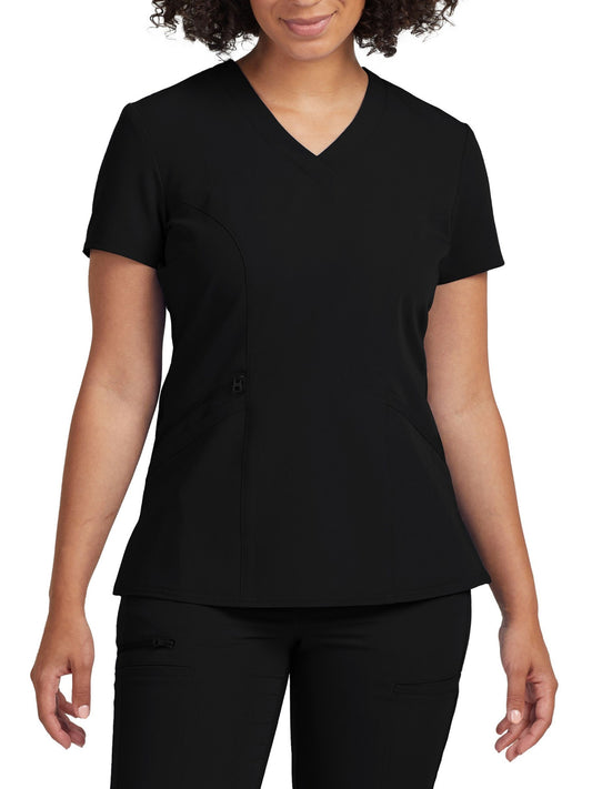 Women's 3-Pocket Princess Seams V-Neck Scrub Top - WT134 - Black