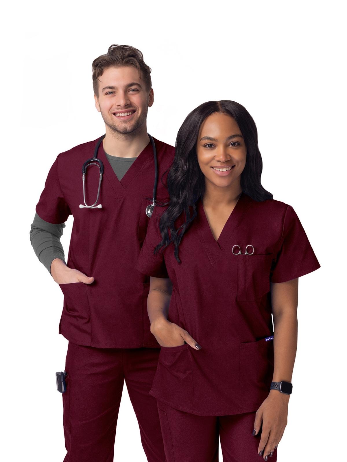 Unisex V-Neck 3 Pocket Top - S8304 - Burgundy