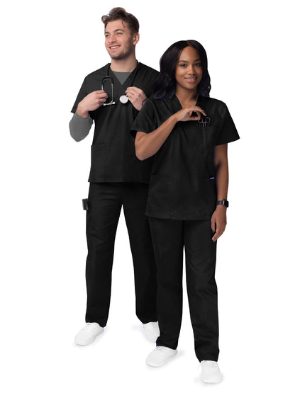 Unisex V-Neck Top Drawstring Pant Scrub Set - S8400 - Black