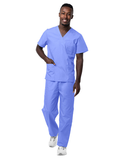 Unisex V-Neck Top Drawstring Pant Scrub Set - S8400 - Ceil Blue