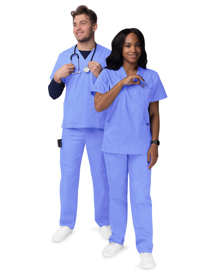 Unisex V-Neck Top Drawstring Pant Scrub Set - S8400 - Ceil Blue