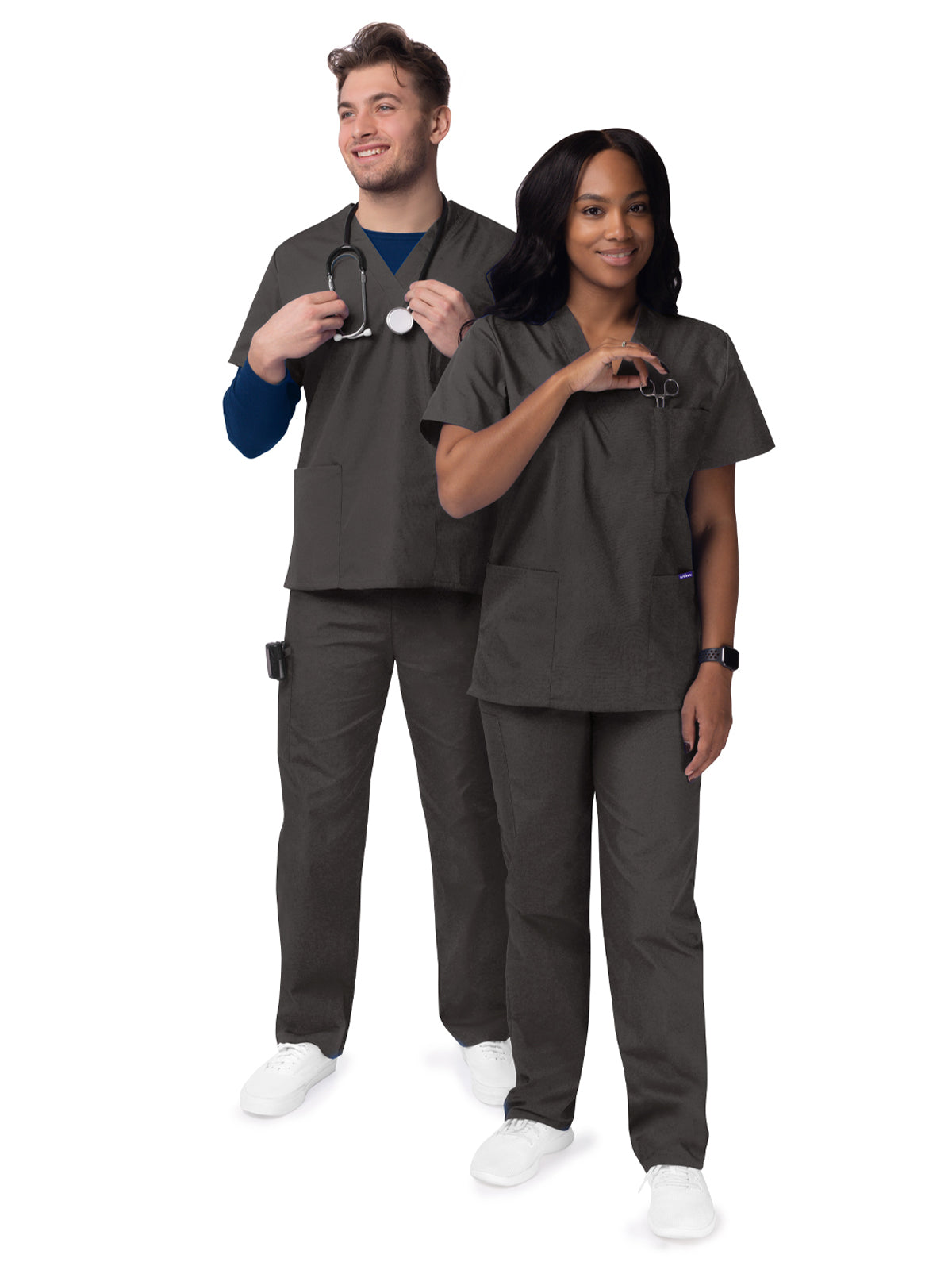 Unisex V-Neck Top Drawstring Pant Scrub Set - S8400 - Charcoal