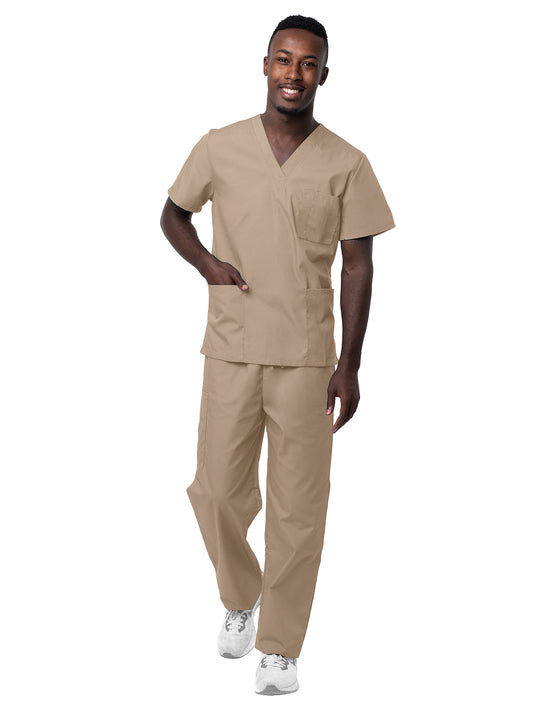 Unisex V-Neck Top Drawstring Pant Scrub Set - S8400 - Khaki