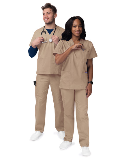 Unisex V-Neck Top Drawstring Pant Scrub Set - S8400 - Khaki