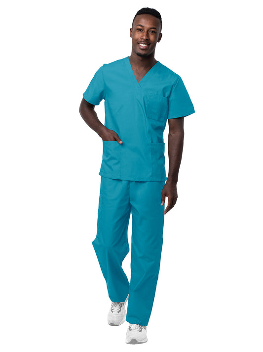 Unisex V-Neck Top Drawstring Pant Scrub Set - S8400 - Teal Blue