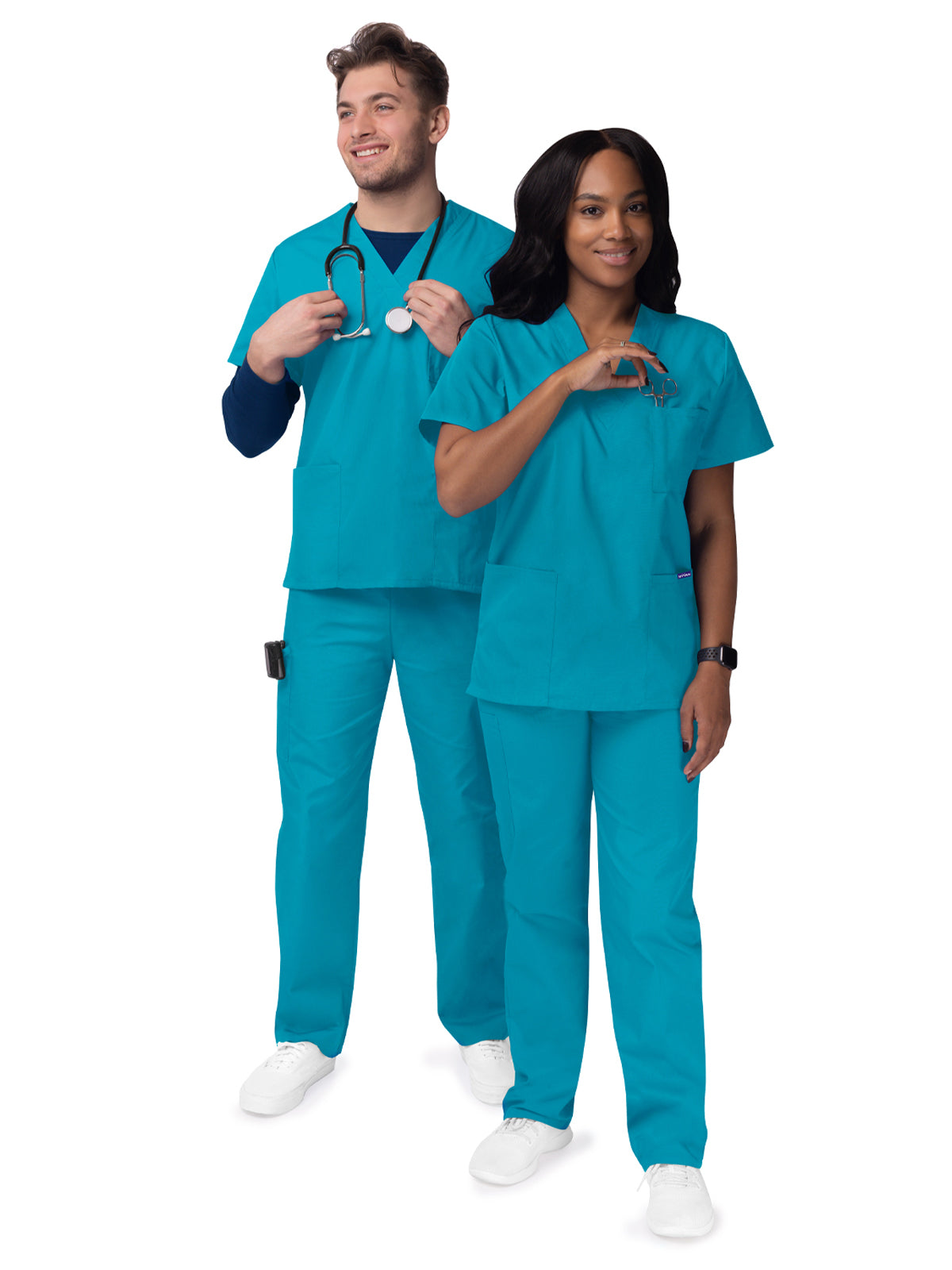 Unisex V-Neck Top Drawstring Pant Scrub Set - S8400 - Teal Blue