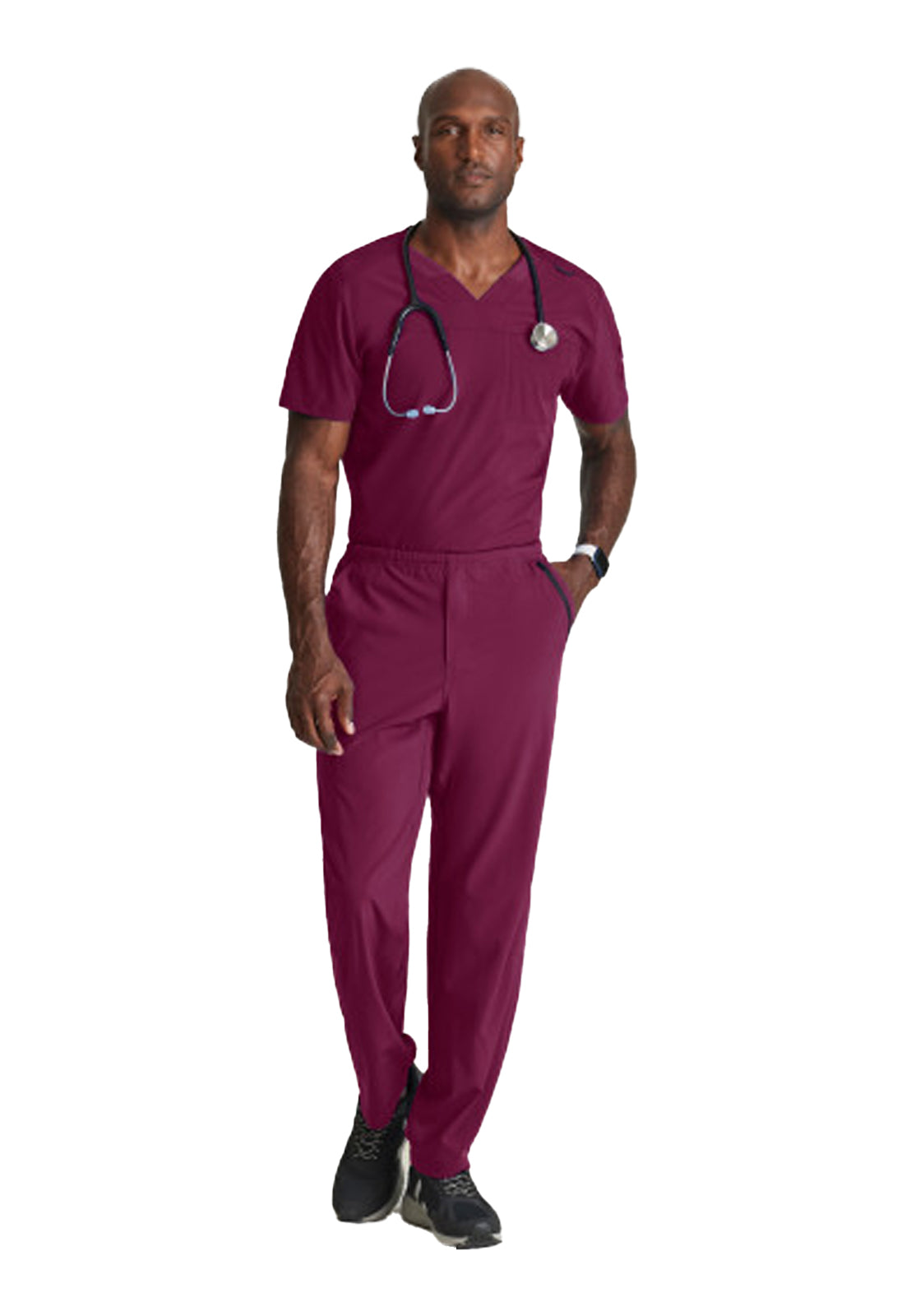 Men's Two-Pocket Ribbed V-Neck Velocity Scrub Top - BOT195 - Wine