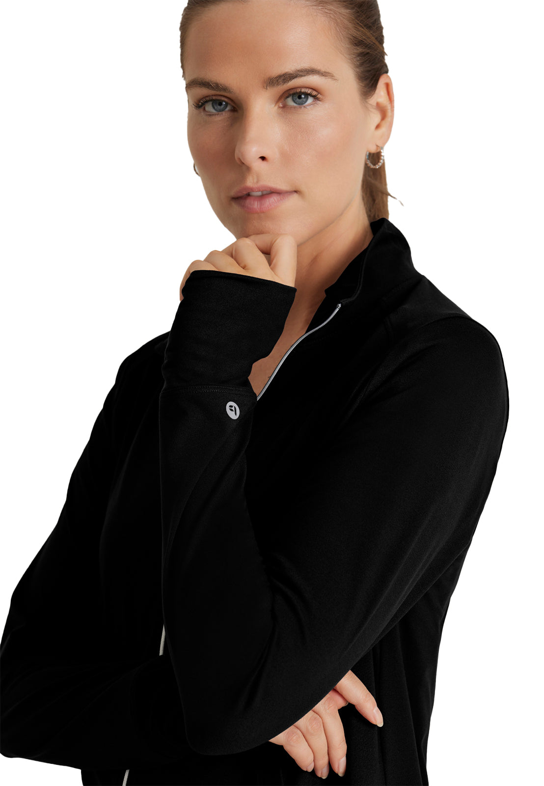 Women's Kangaroo Pocket Zip-Up Warm-Up Scrub Jacket - BOW896 - Black