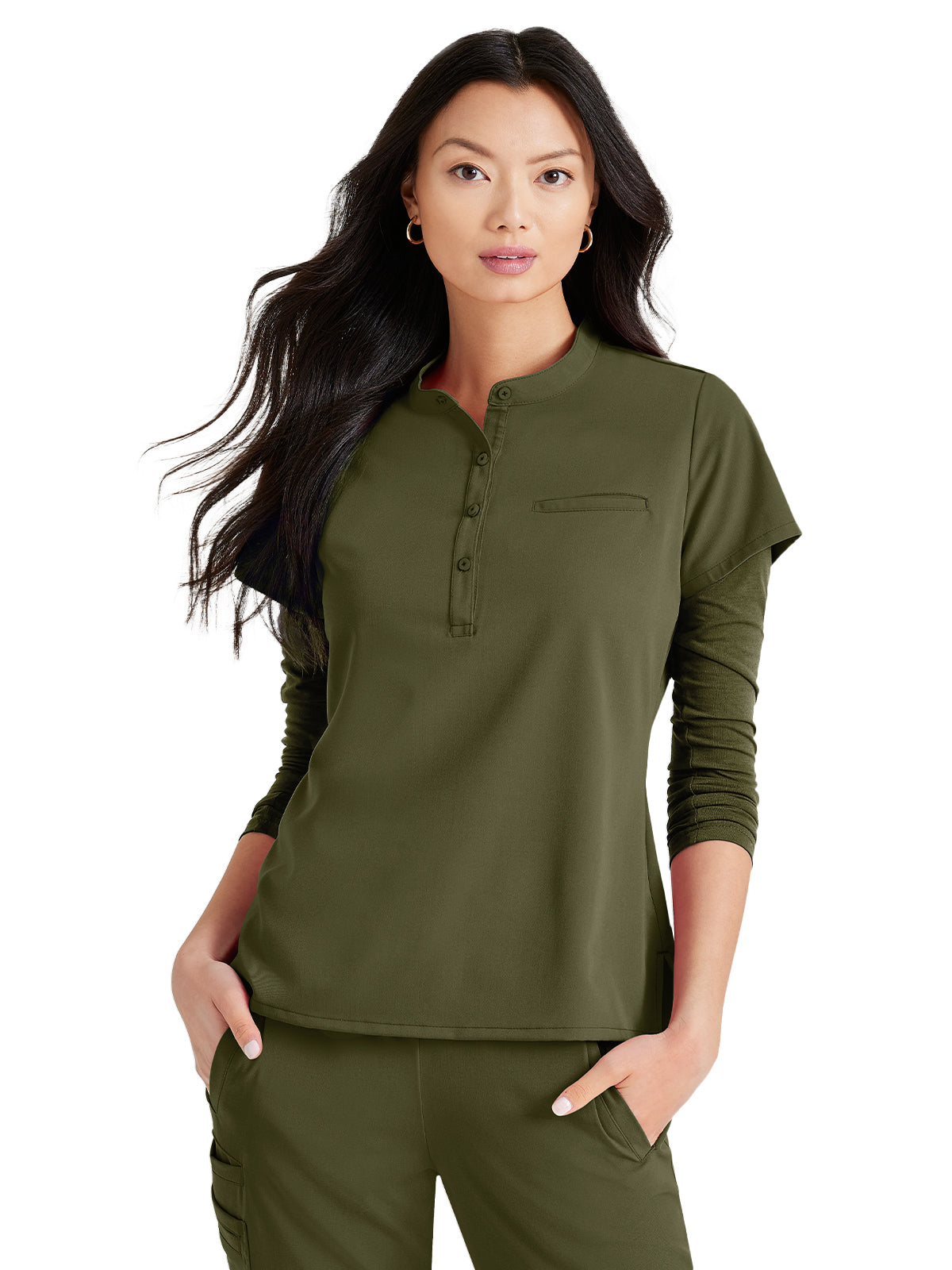 Women's Henley Style Scrub Top - BUT163 - Olive